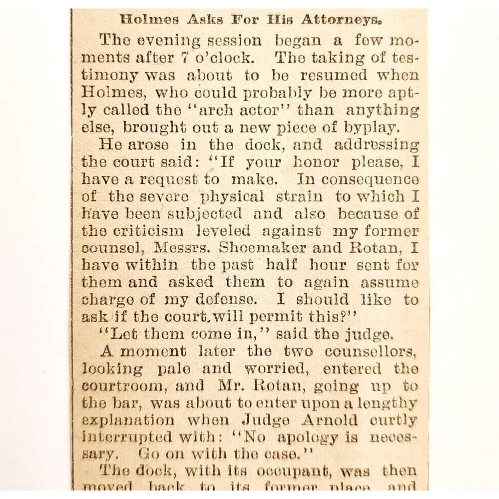 1895 H.H. Holmes As Attorney Article Worlds Fair Serial Killer Victorian F13J